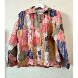Three Flaggs Women's Patchwork Print Zip Jacket Artsy Boho Colorful Lightweight